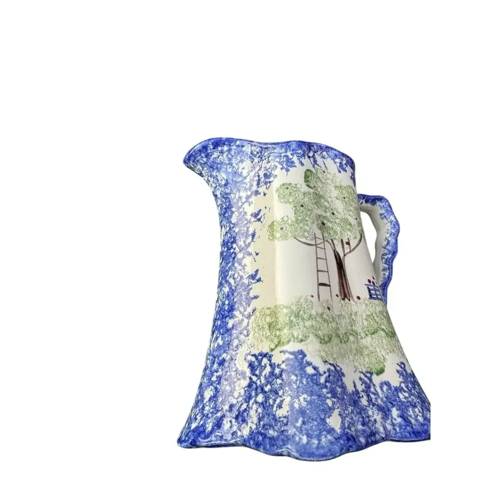 VTG Molly Dallas Blue Spatterware Ohio Folk Apple Tree Pitcher Wavy Handle 6.5